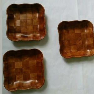 Set of 3 brown wooden checkered bowls mid century